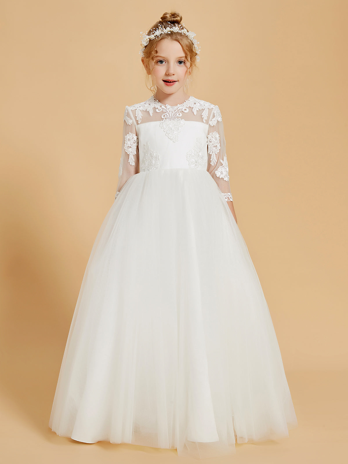 Floor-Length Flower Girl Dress with 3/4 Sleeve Lace Scoop Neck